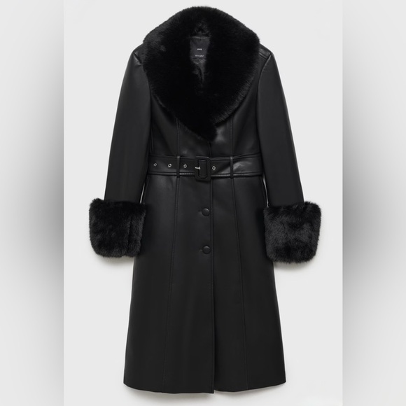 MANGO Leather Coat with Faux Fur Accents - Picture 7 of 8
